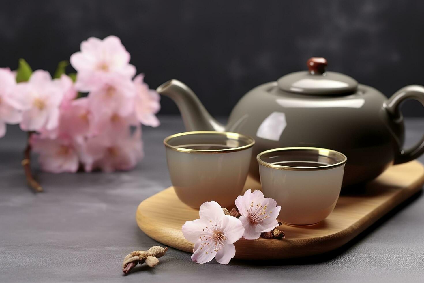 AI generated Traditional ceremony. Cups of brewed tea, teapot and sakura flowers on grey table. Generative AI photo