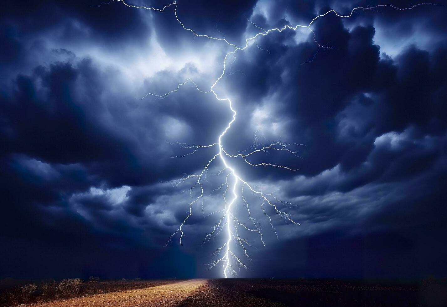 AI generated Lightning strikes on a cloudy dramatic stormy sky. AI Generated photo