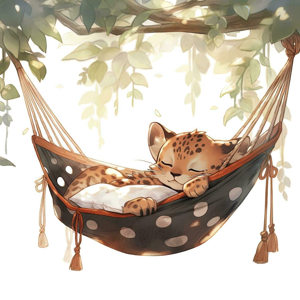 AI generated A sleepy baby leopard in a hammock. watercolor illustration. AI Generated photo