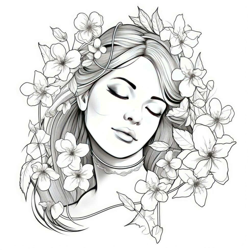 AI generated A girl on a coloring book page with Jasmine flowers. AI Generated photo