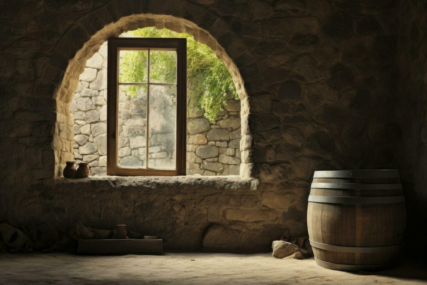 ai generado barril en un antiguo castillo junto a el ventana. ai generado foto