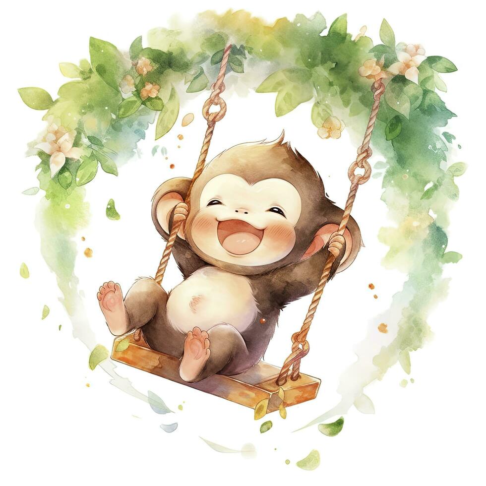 AI generated Cute happy baby monkey on swings on a tree in watercolor. AI Generated photo