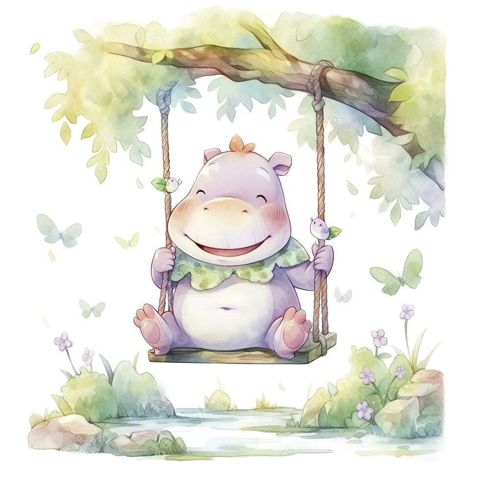 AI generated Cute happy baby rhino on swings in the tree in watercolor style. AI Generated photo