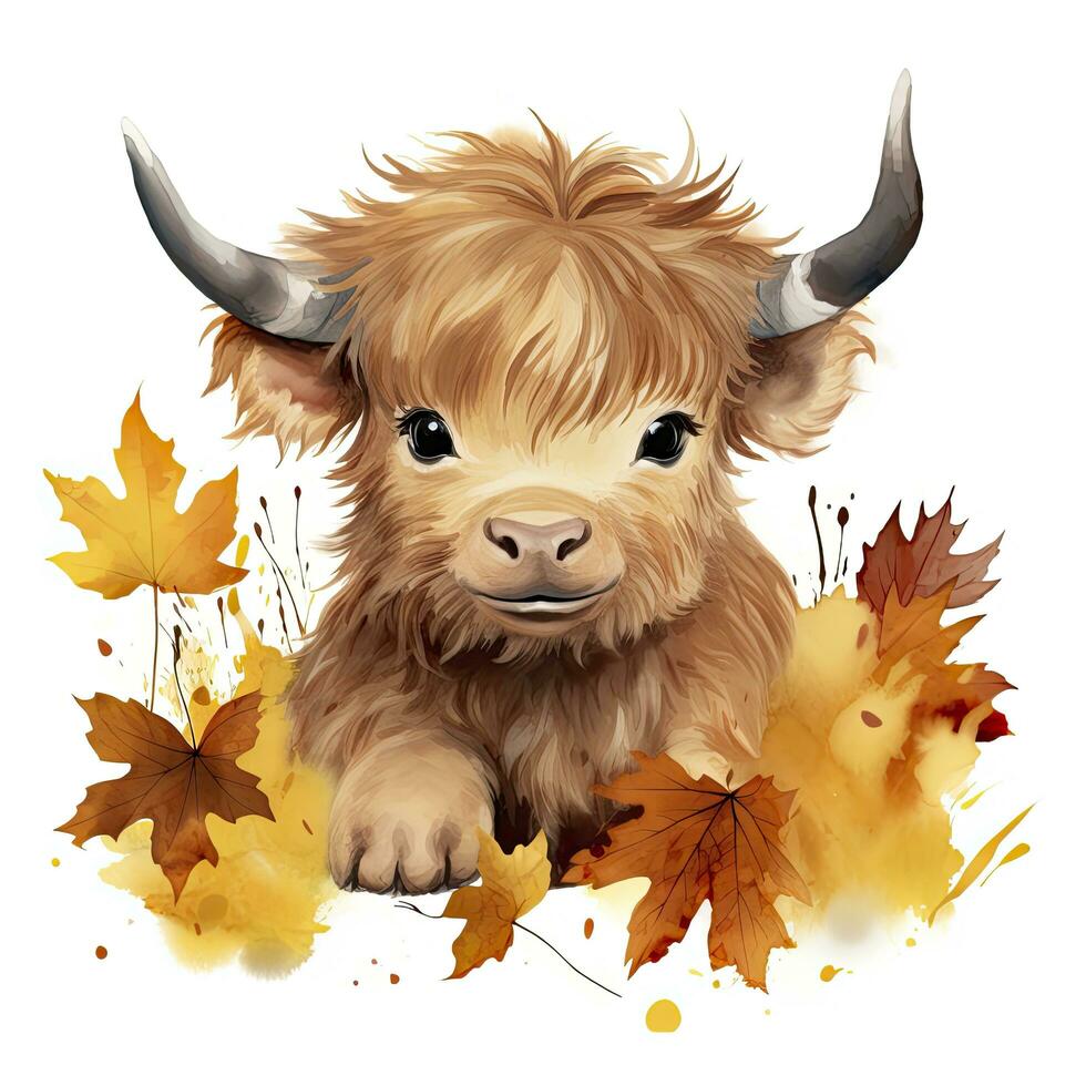 AI generated Happy cute baby highland cow in autumn leaves in the watercolor style. AI Generated photo