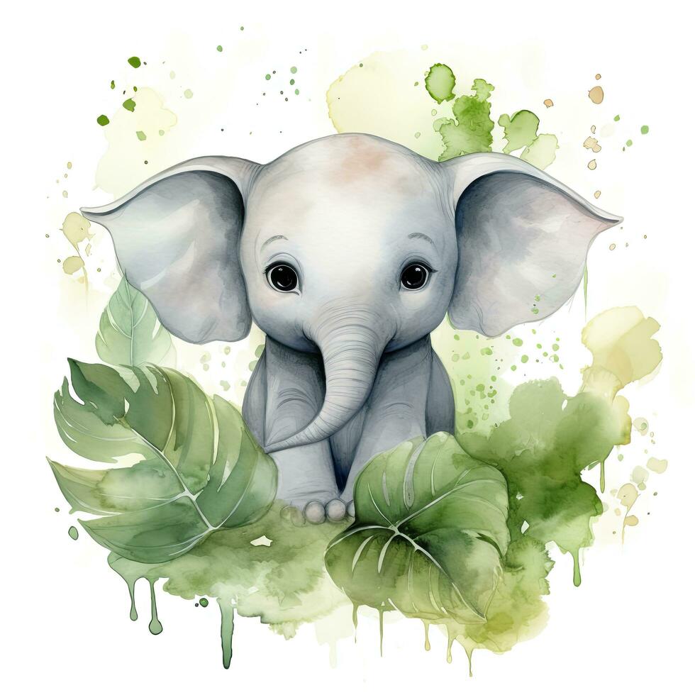 AI generated Happy cute baby elephant in green leaves in the watercolor style. AI Generated photo