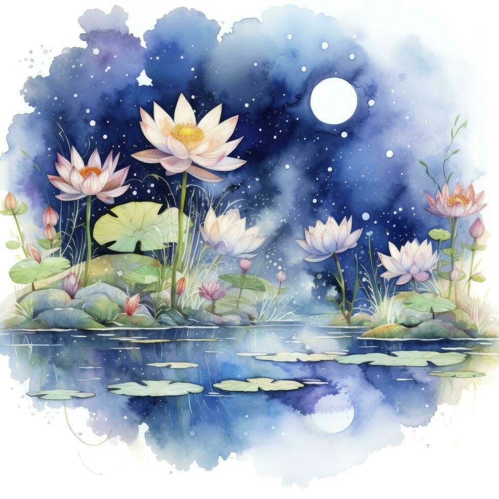 AI generated Floral Moon and Water Lilies on a white background. AI Generated photo