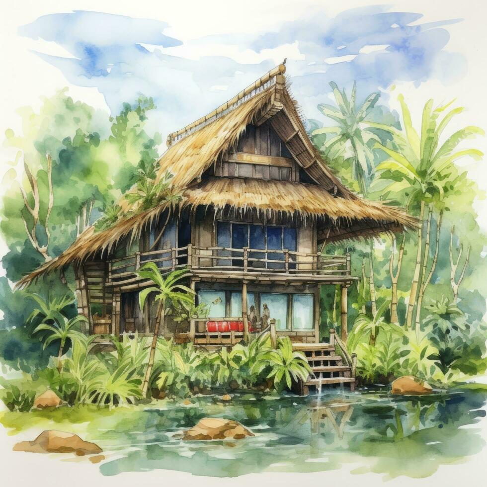 AI generated A watercolored bright serene image of a traditional bahay kubo. AI Generated photo