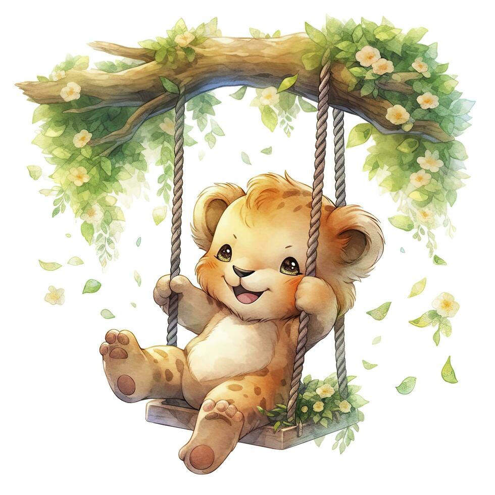 AI generated Cute and happy baby lion on swings on the tree in watercolor style. AI Generated photo