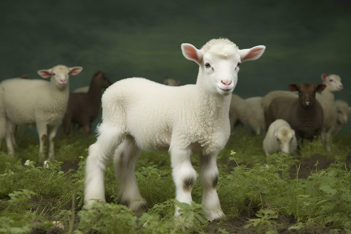 AI generated White lamb in a field in front of other animals. Generative AI photo