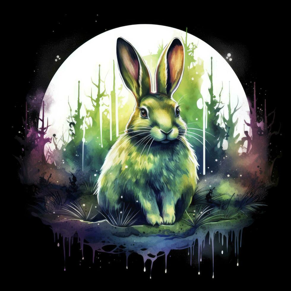 AI generated Watercolor Rabbit and Glowing Moon for T-shirt Design. AI Generated photo