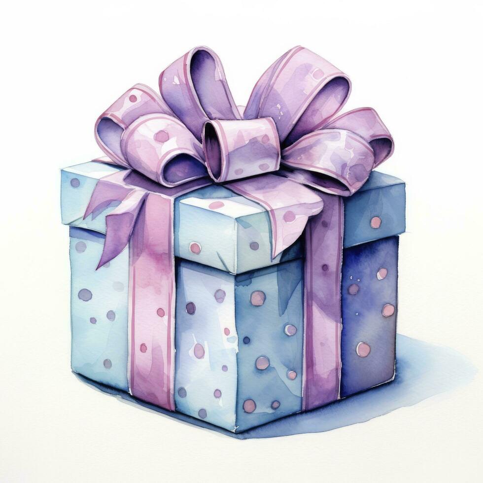 AI generated Watercolor birthday present with bow isolated on white background.  AI Generated photo