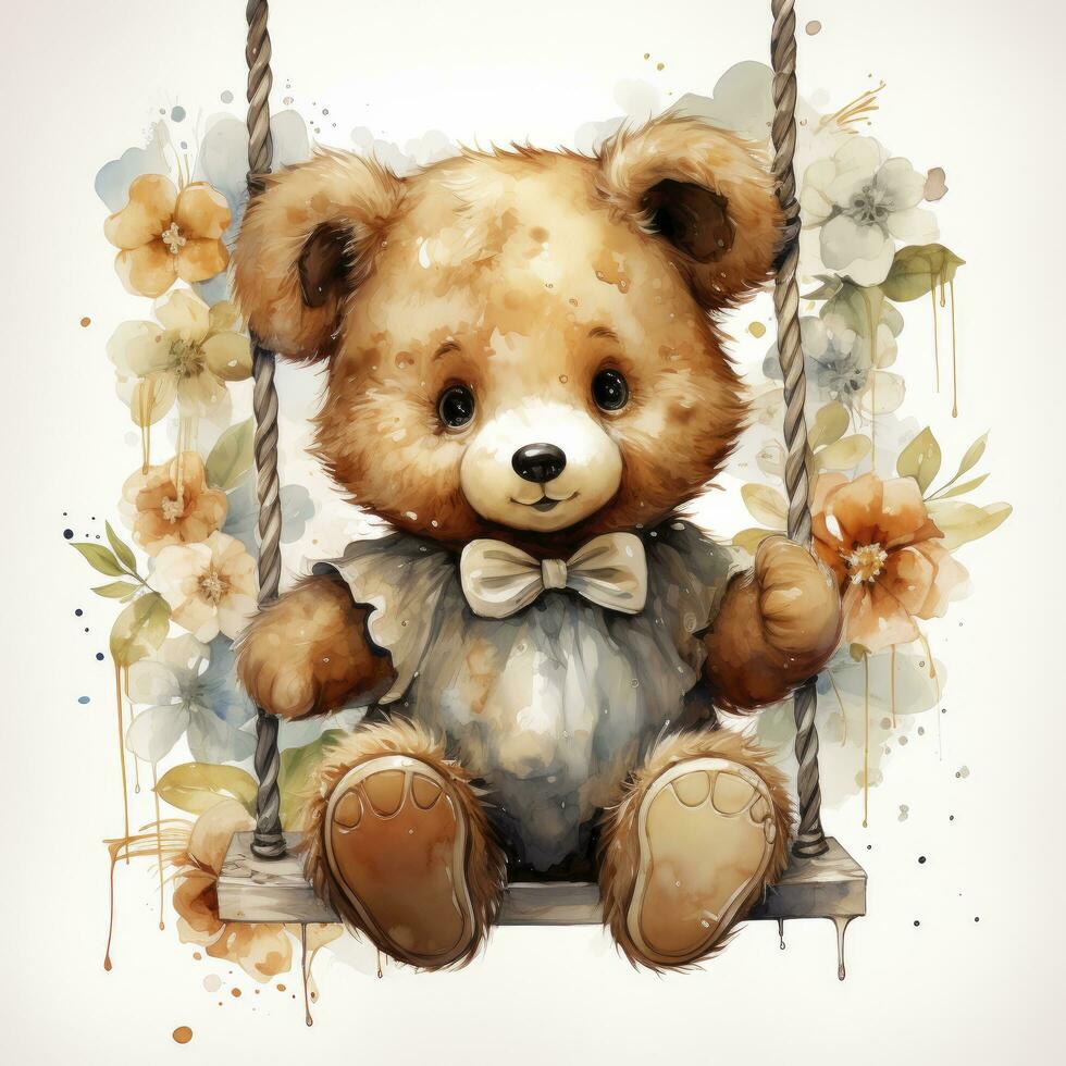 AI generated A cute happy teddy bear swings on a tree on a white background. AI Generated photo