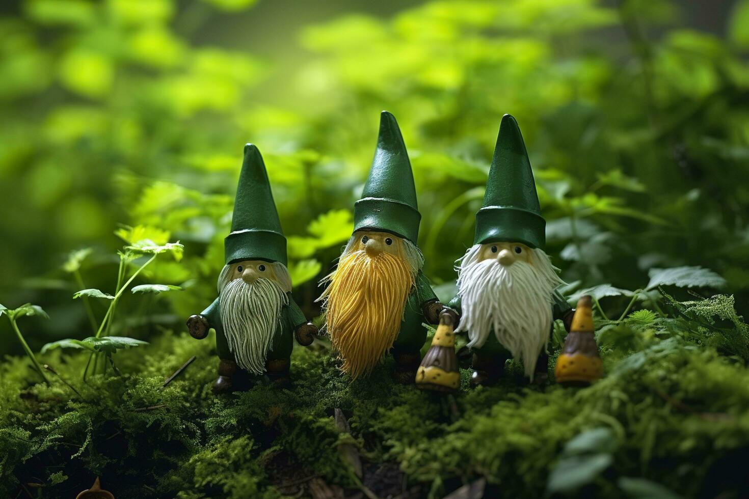 AI generated Toy Irish gnomes in a mystery forest, abstract green natural background. Generative AI photo