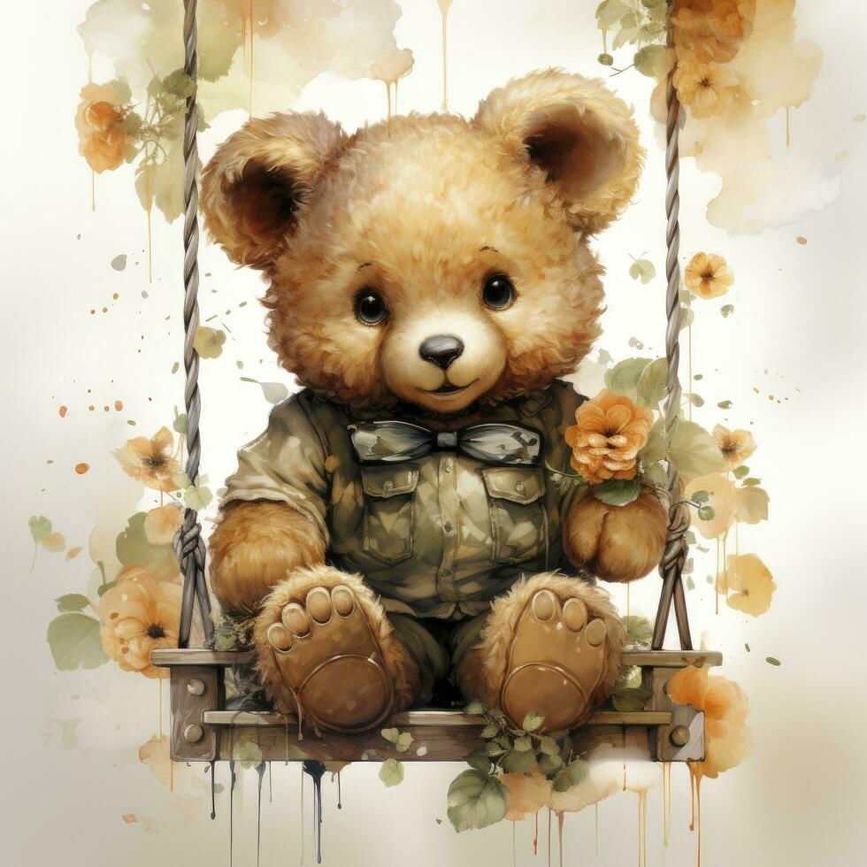 AI generated A cute happy teddy bear swings on a tree on a white background. AI Generated photo