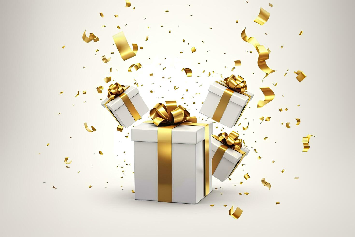 AI generated Merry New Year and Merry Christmas 2024 white gift boxes with golden bows and gold sequins confetti on white background. AI Generated photo