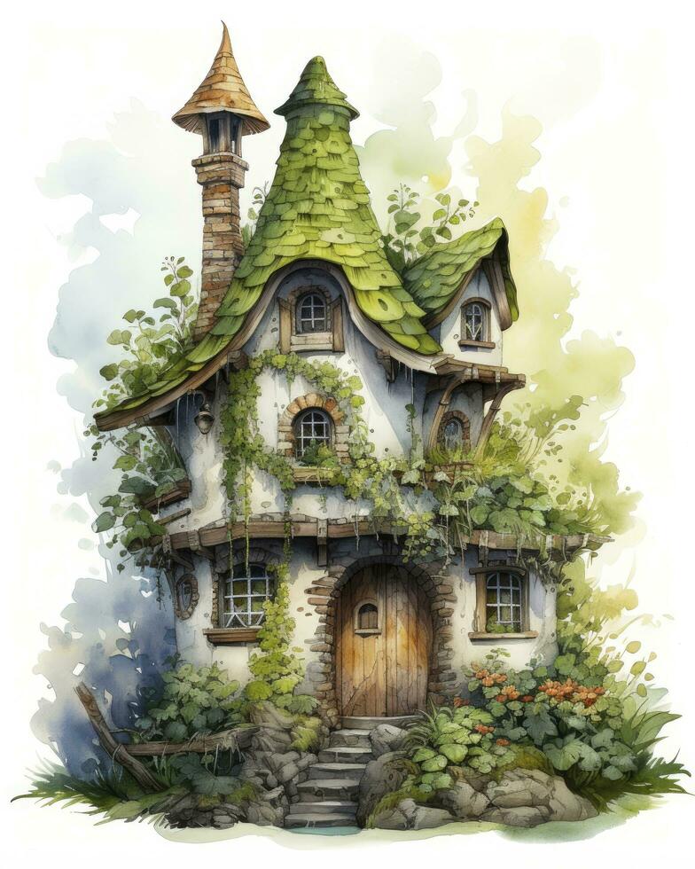 AI generated Watercolor mossy cottage isolated on white background. AI Generated photo