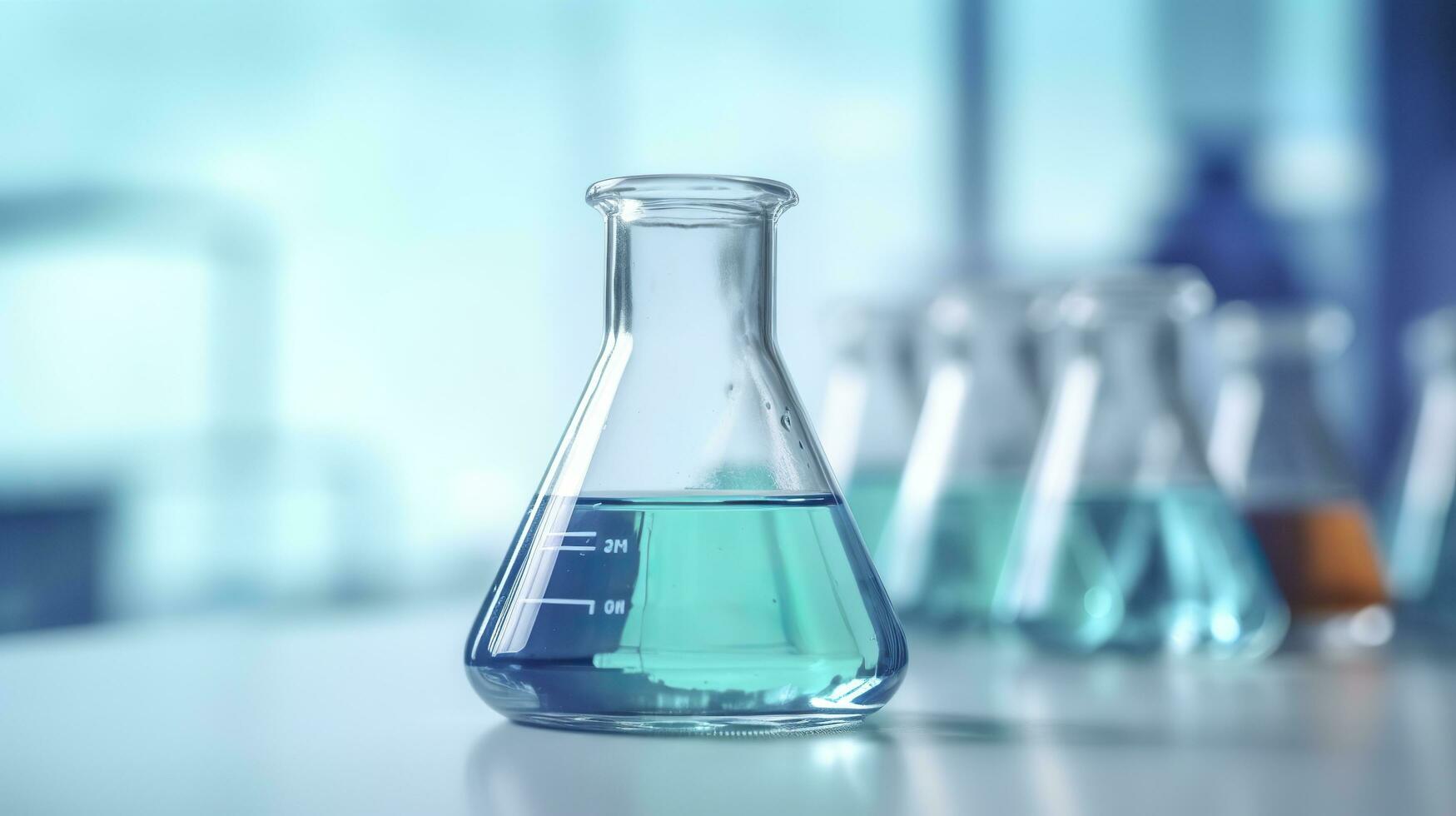 AI generated A Science Beaker in the laboratory on a table white and light blue background.. laboratory equipment out of focus. AI Generative photo