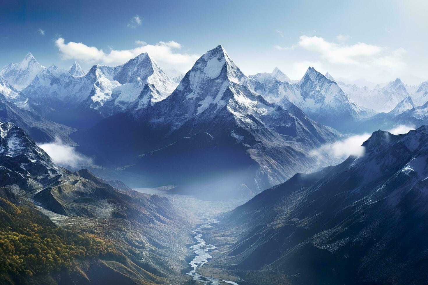 AI generated The beauty of a majestic and snow capped mountain range, with rugged peaks, AI Generative photo