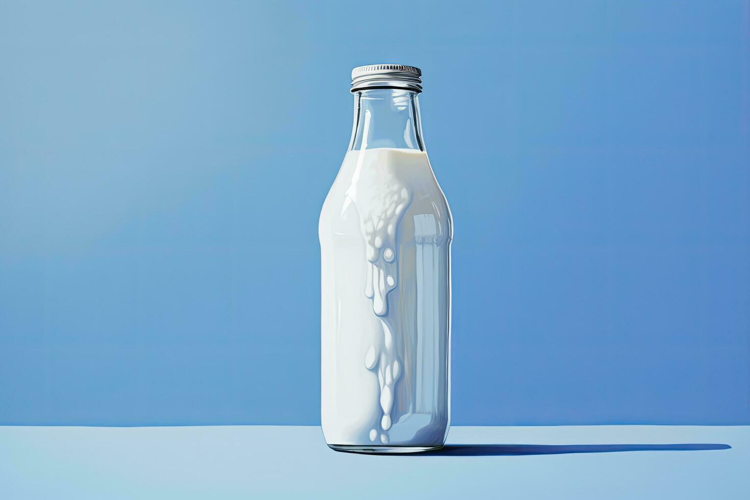 AI generated A glass bottle with full milk on blue background. AI Generated photo