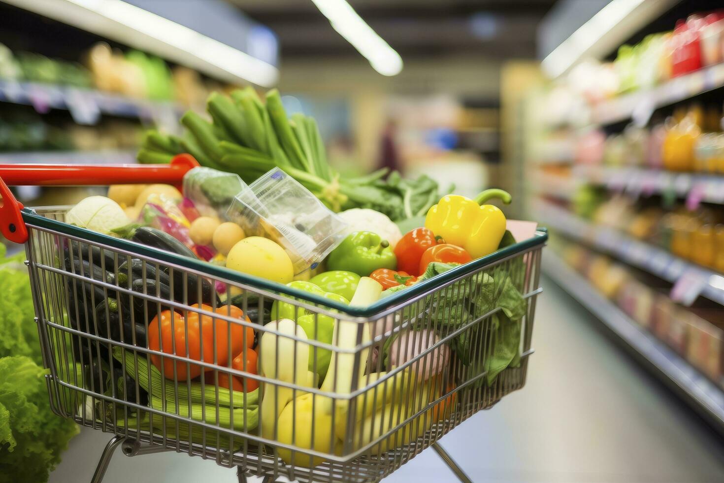 AI generated Close up of full shopping cart in grocery store. AI Generated photo