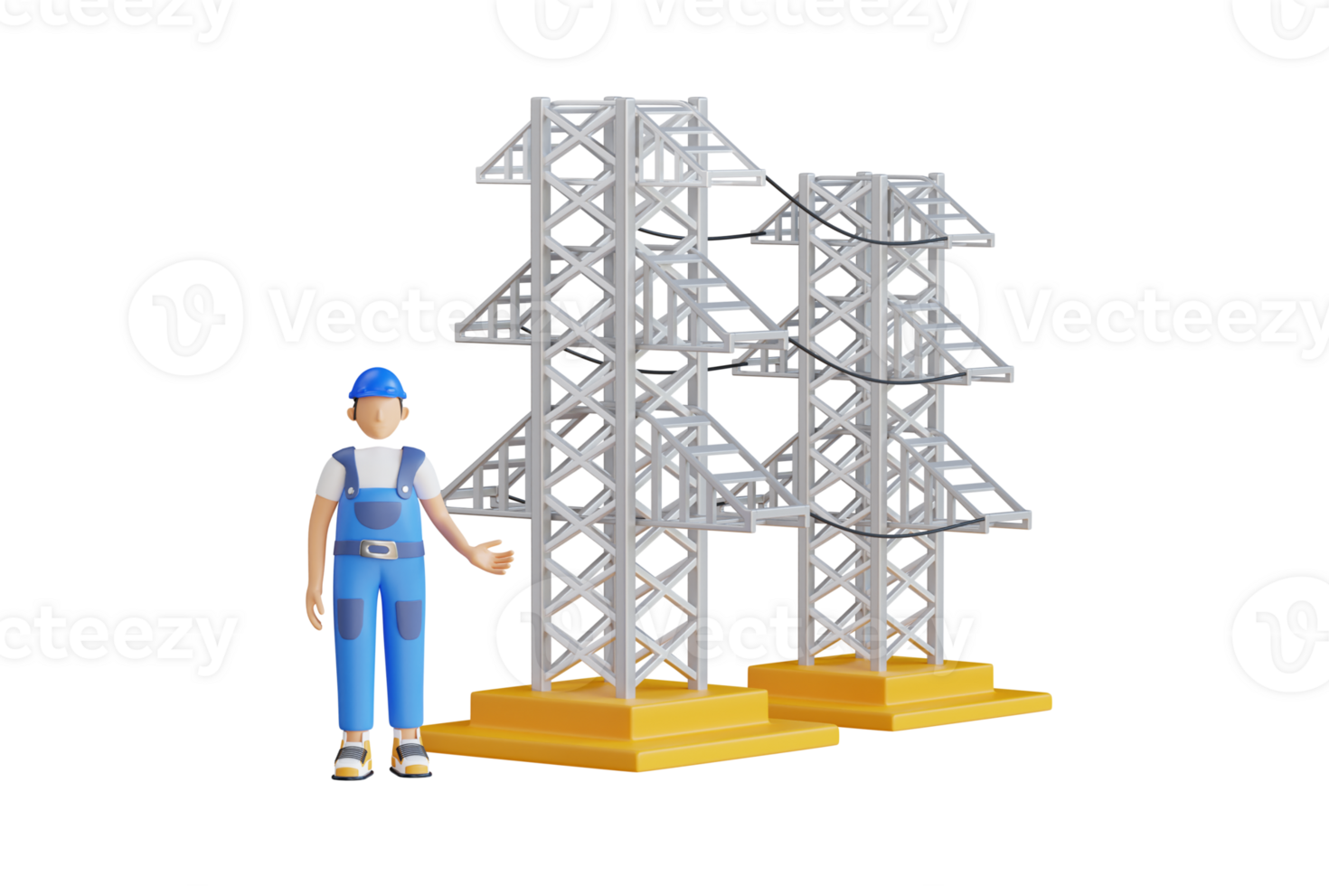 3d ilustración de eléctrico ingeniero en pie cerca electricidad torre. eléctrico ingeniero trabajando cerca a alto voltaje torre png