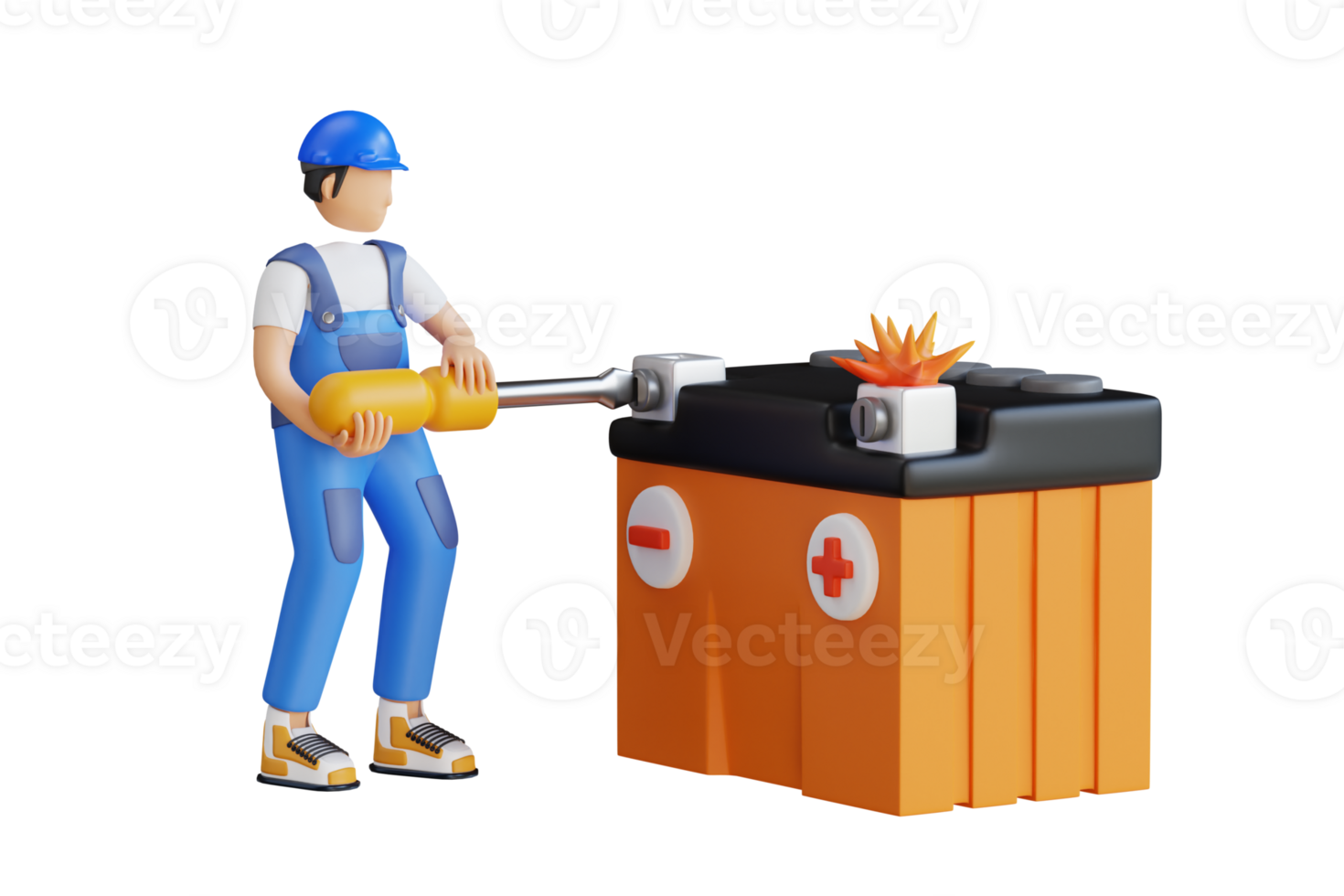 Mann reparieren Auto Batterie 3d Illustration. Mann mit Auto Batterie. 3d Illustration png