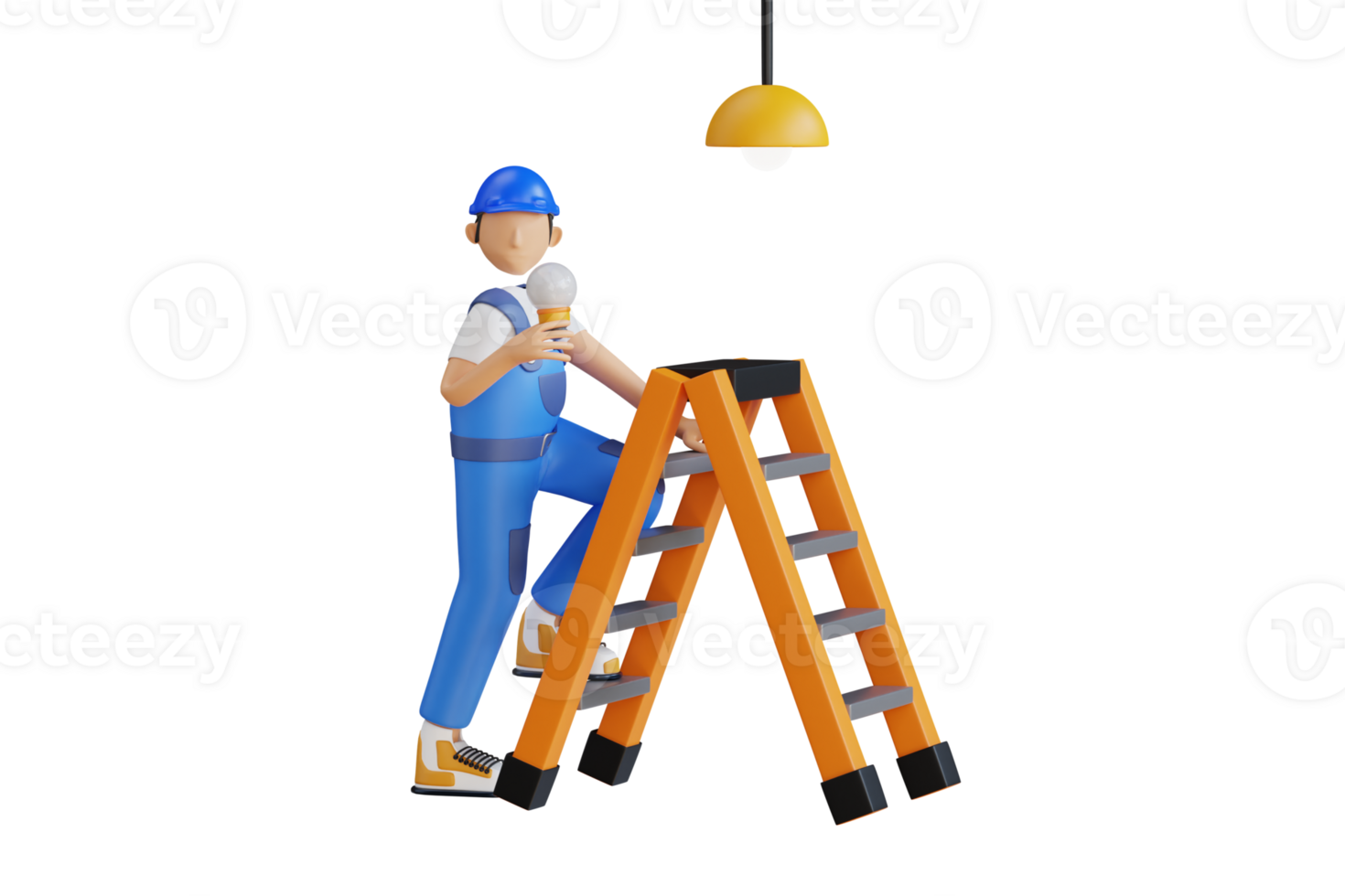 electricista cambios el roto lámpara 3d ilustración. hombre cambiando ligero bulbo en techo lámpara mientras en pie en heces. 3d ilustración png