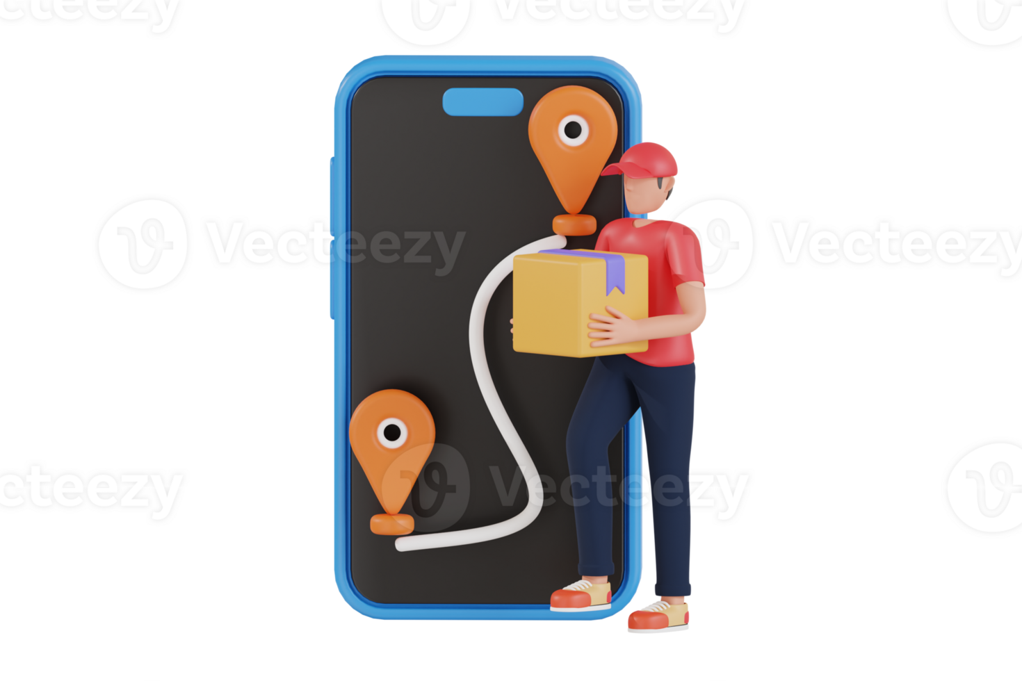 Online delivery on mobile application 3d illustration. Delivery man holding Parcel Box with mobile phone. 3d illustration png