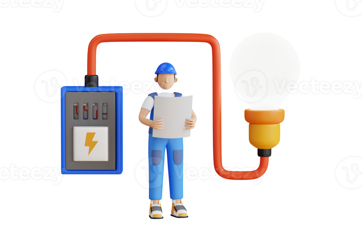 3d illustration of electricity box power maintenance by technician. Electrician checking the electricity box. 3D Illustration png