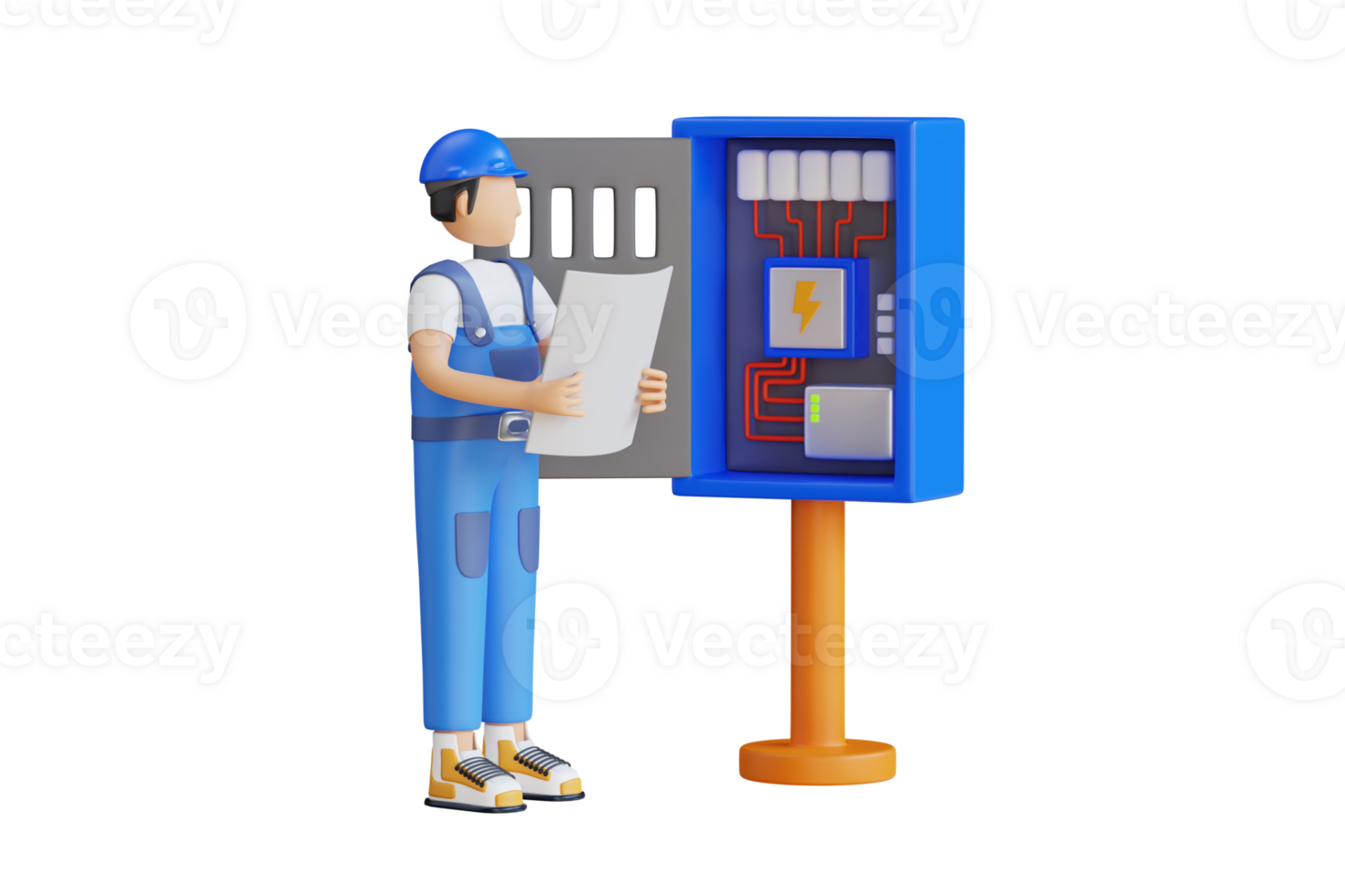 Elektriker Ingenieur Überprüfung Schaltkreis Box 3d Illustration. Elektriker Ingenieur Arbeiten mit Unterbrecher und Sicherung Kasten. png