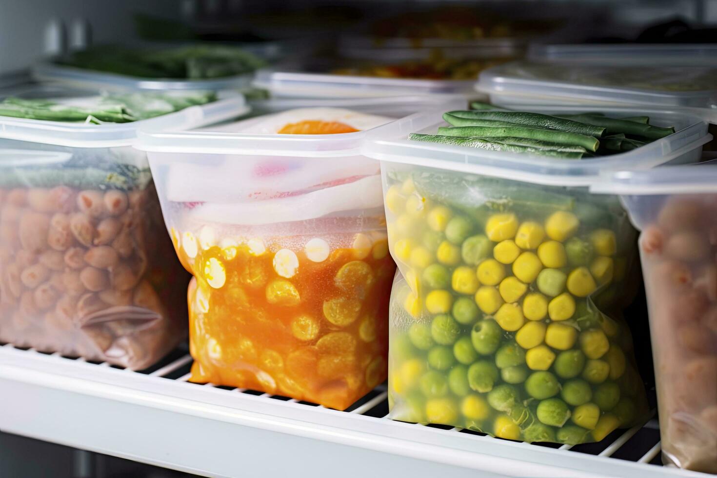 AI generated Frozen food in the freezer. Frozen vegetables. AI Generated photo