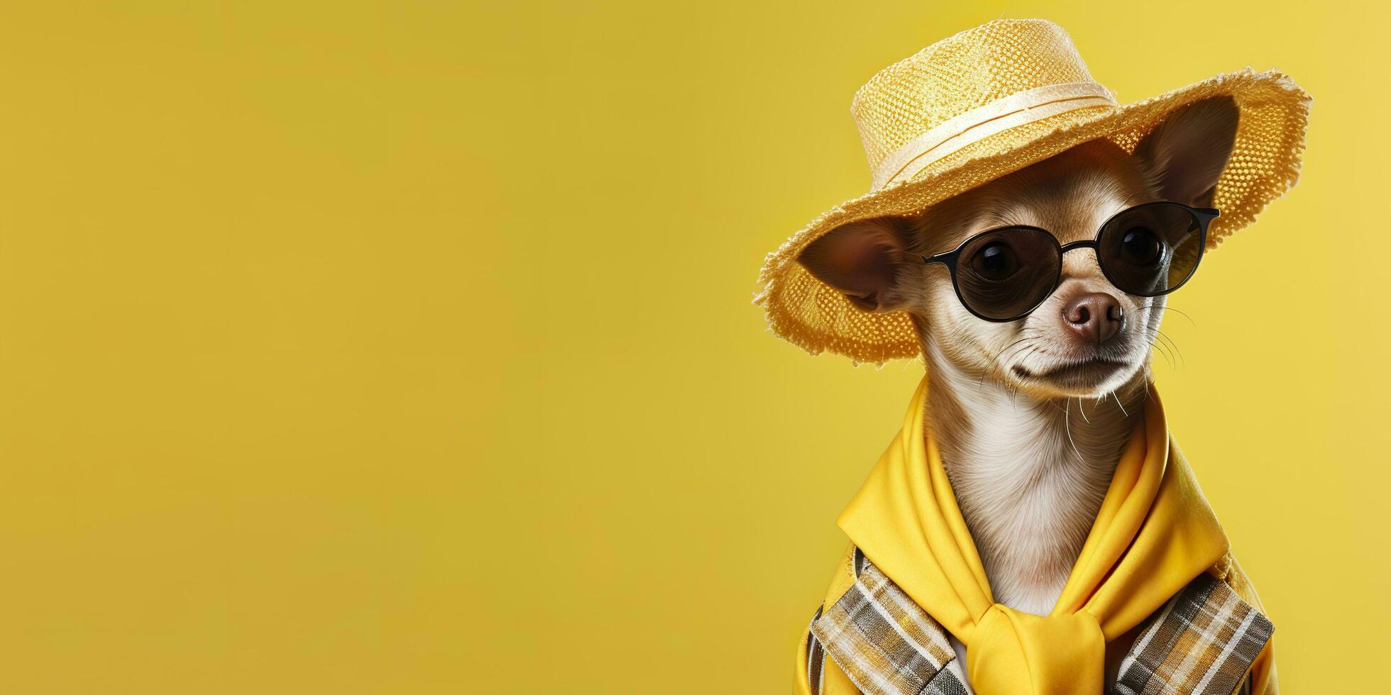 AI generated Cool looking Chihuahua dog wearing funky fashion dress. space for text right side. Generative AI photo