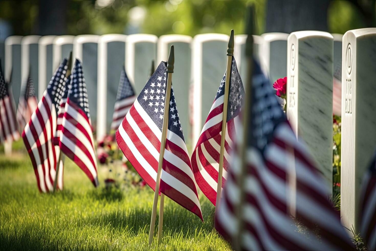 AI generated Military Headstones and Gravestones Decorated With Flags for Memorial Day.  AI Generated photo