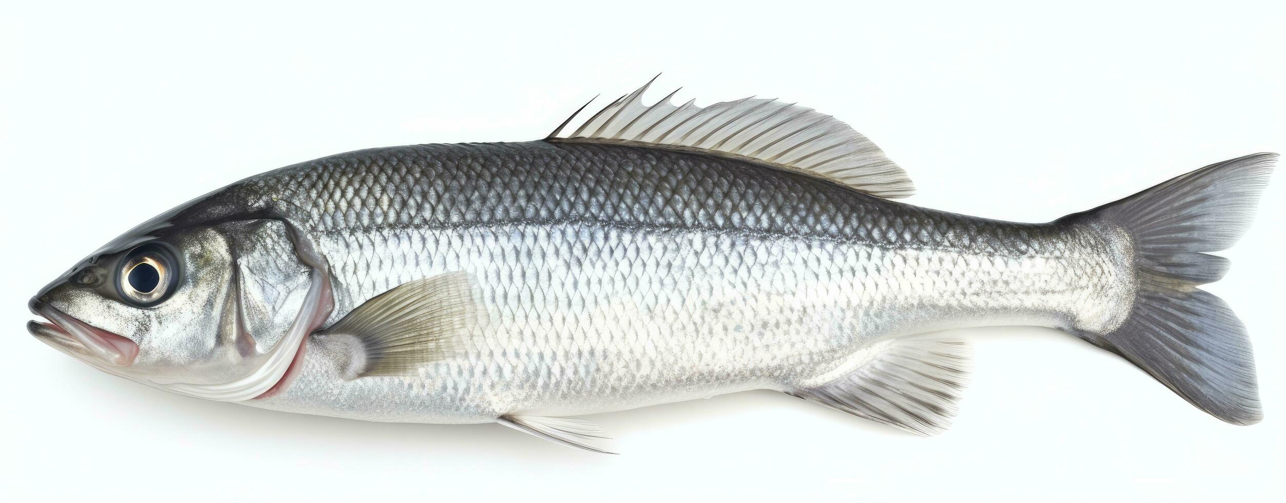 AI generated One fresh sea bass fish isolated on white background. AI Generated. photo