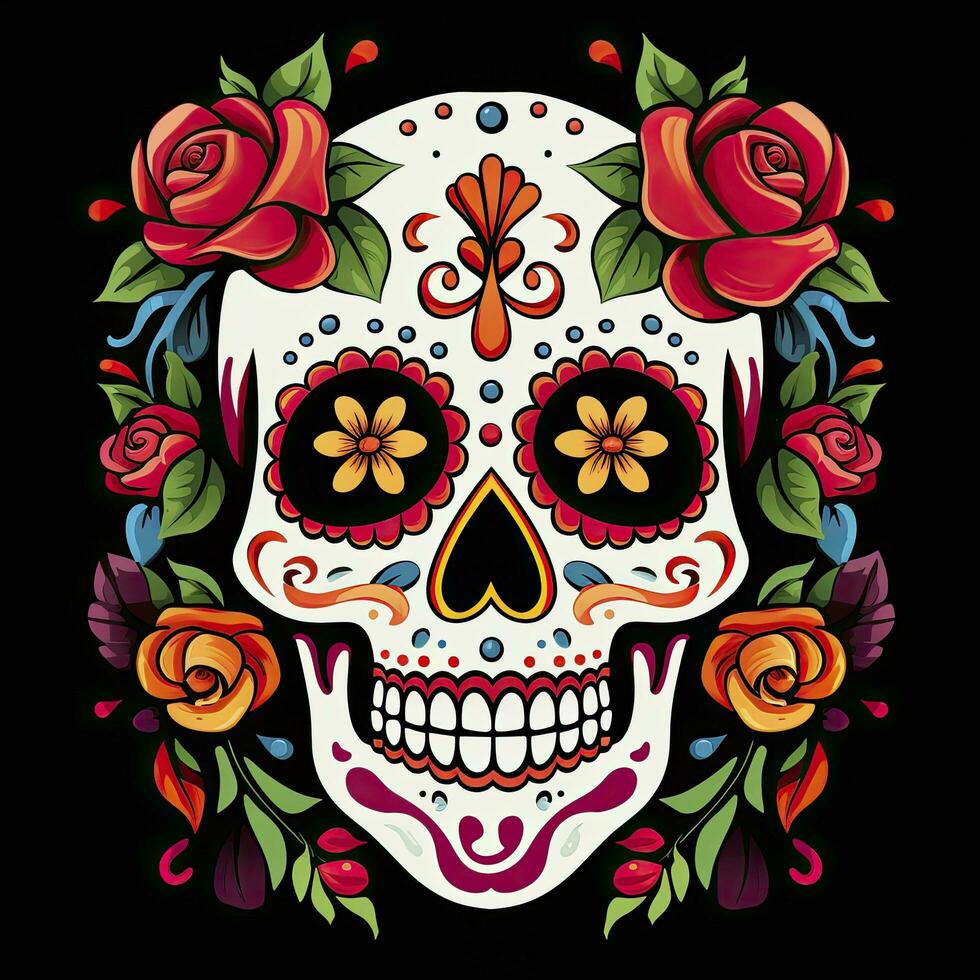 AI generated Mexican roses skull. Mexican roses skull. Dia de los muertos shugar colorful head. AI Generated photo