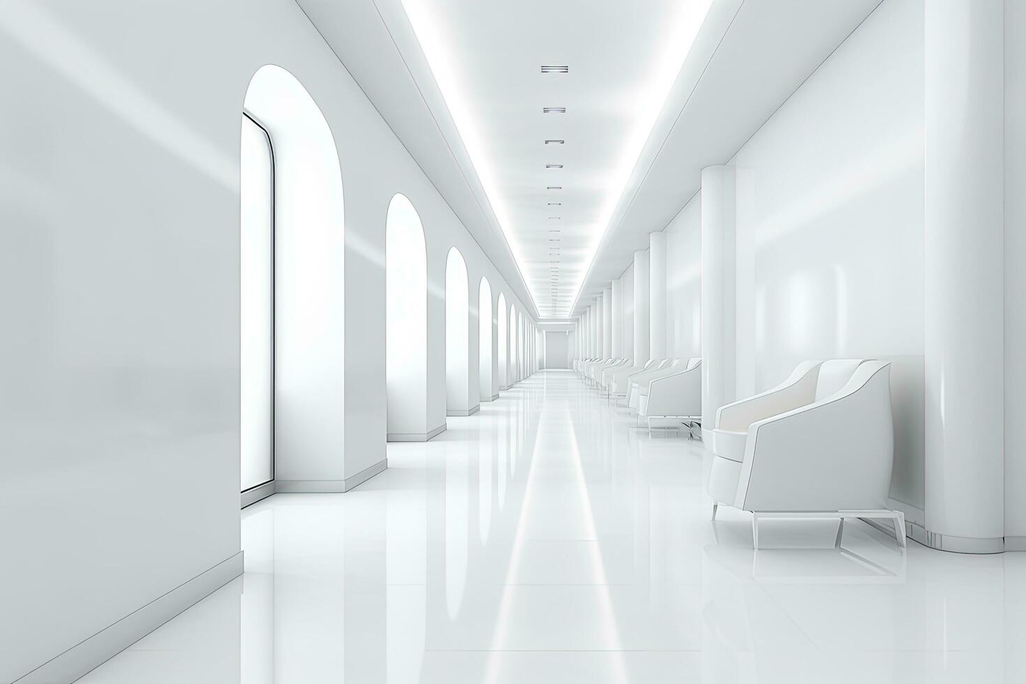 AI generated Interior design of a modern luxurious white building corridor or hallway with waiting seat. AI Generated photo