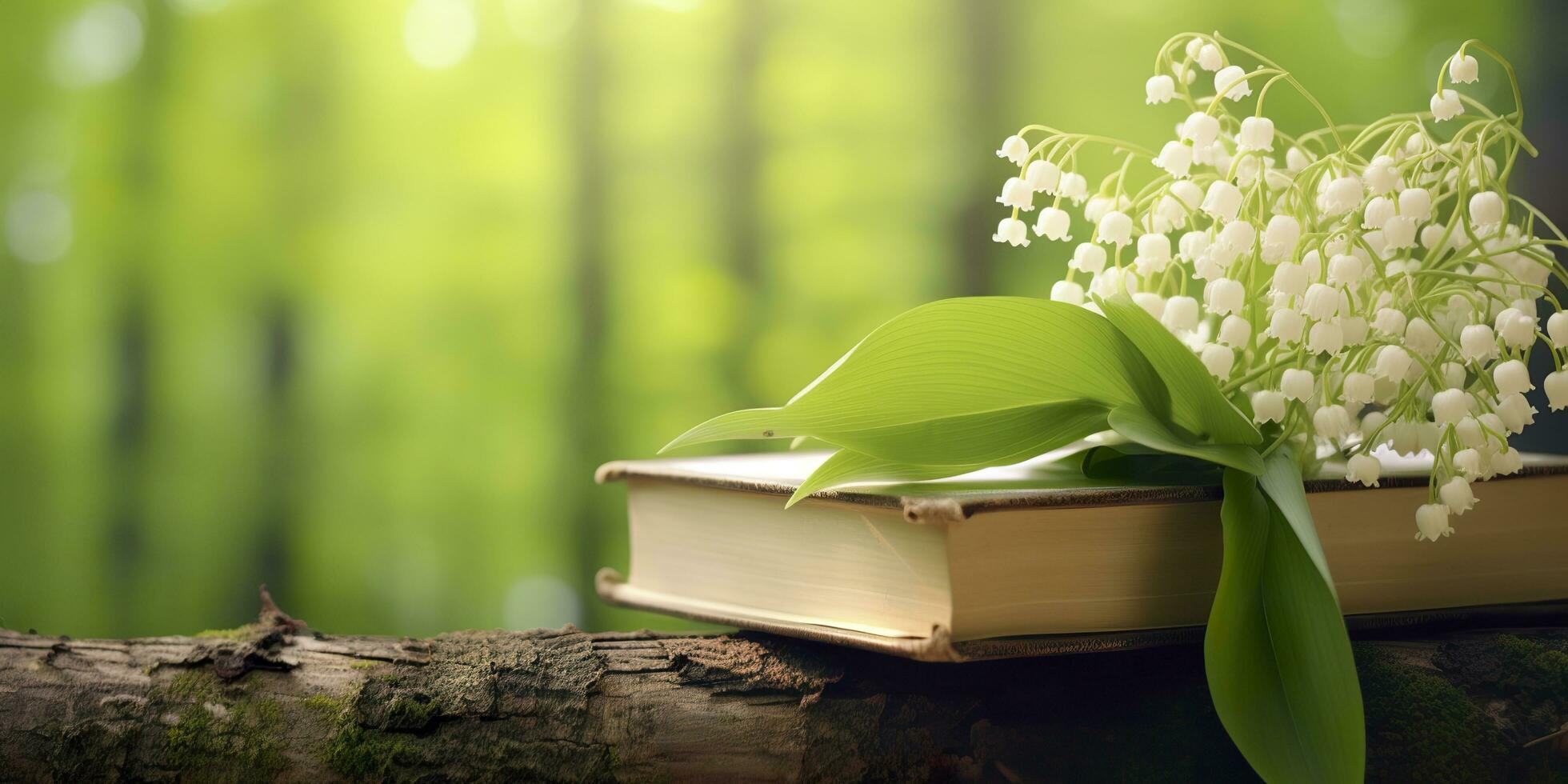AI generated Lily of the Valley flowers and old books in the forest, green natural background. AI Generated photo