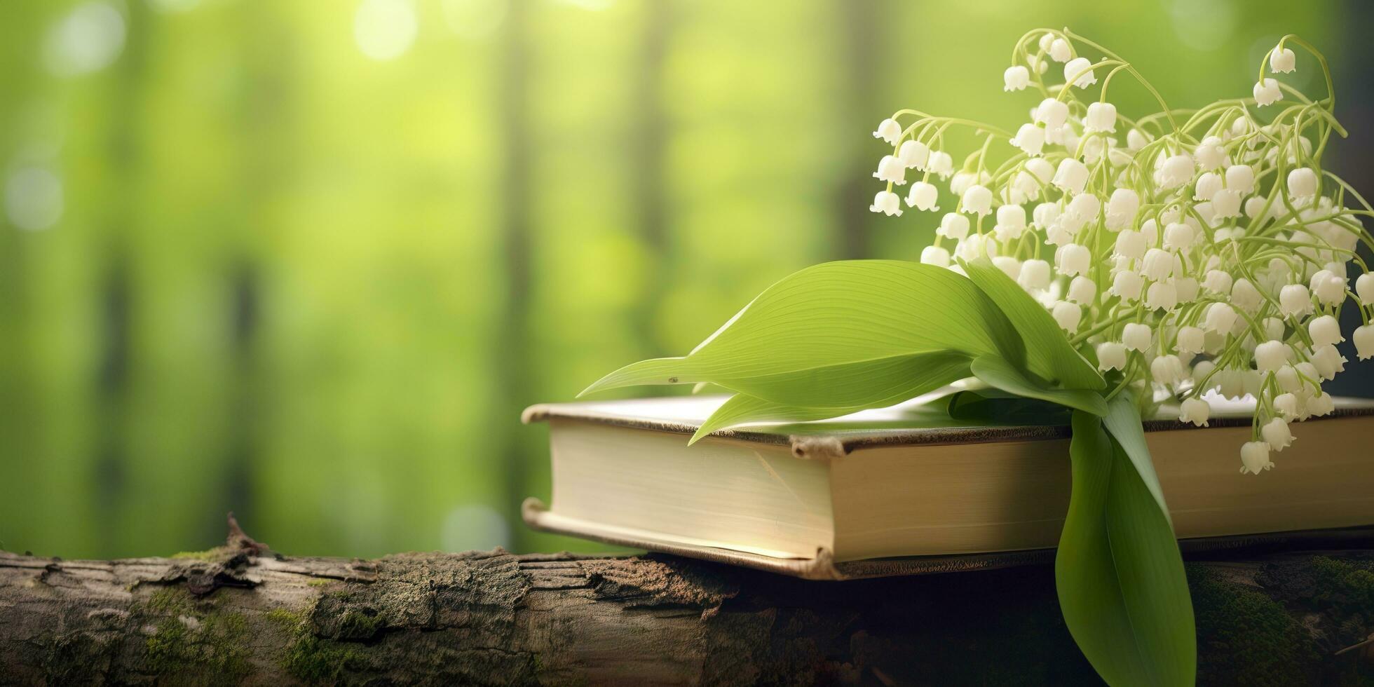 ai generado lirio de el Valle flores y antiguo libros en el bosque, verde natural antecedentes. ai generado foto