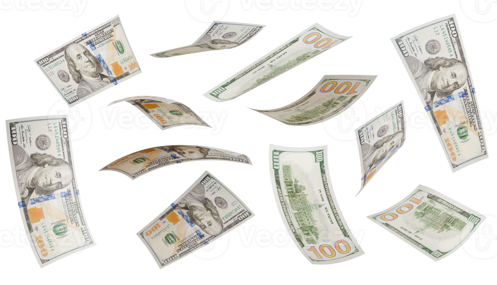 Variety of Falling One Hundred Dollar Bills Isolated. Transparent PNG. png