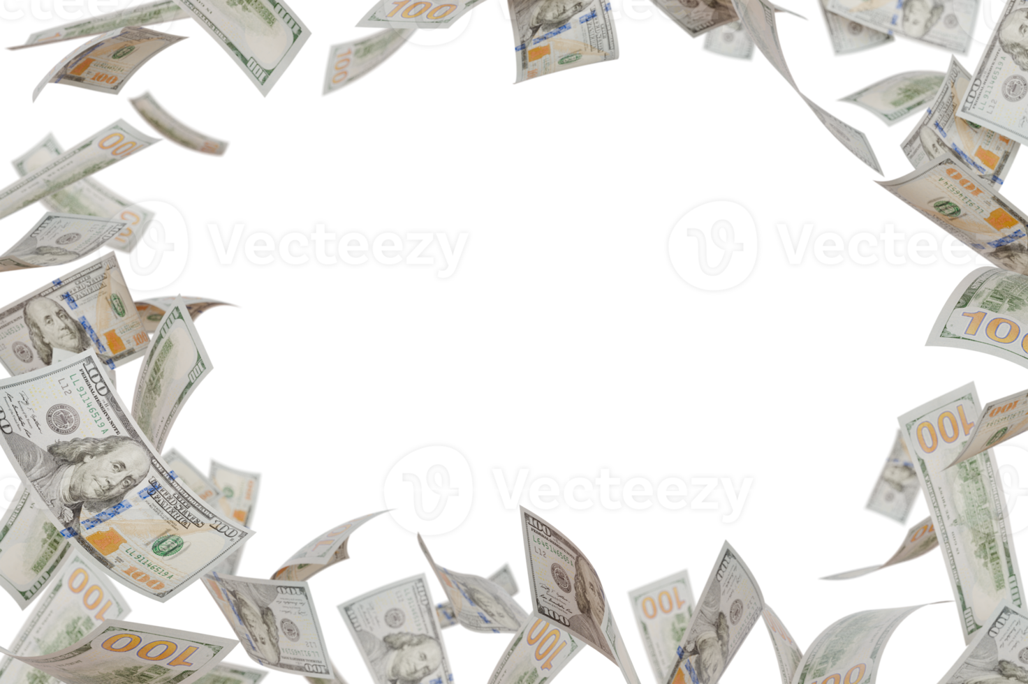 Border of Falling One Hundred Dollar Bills Isolated. Transparent PNG. png