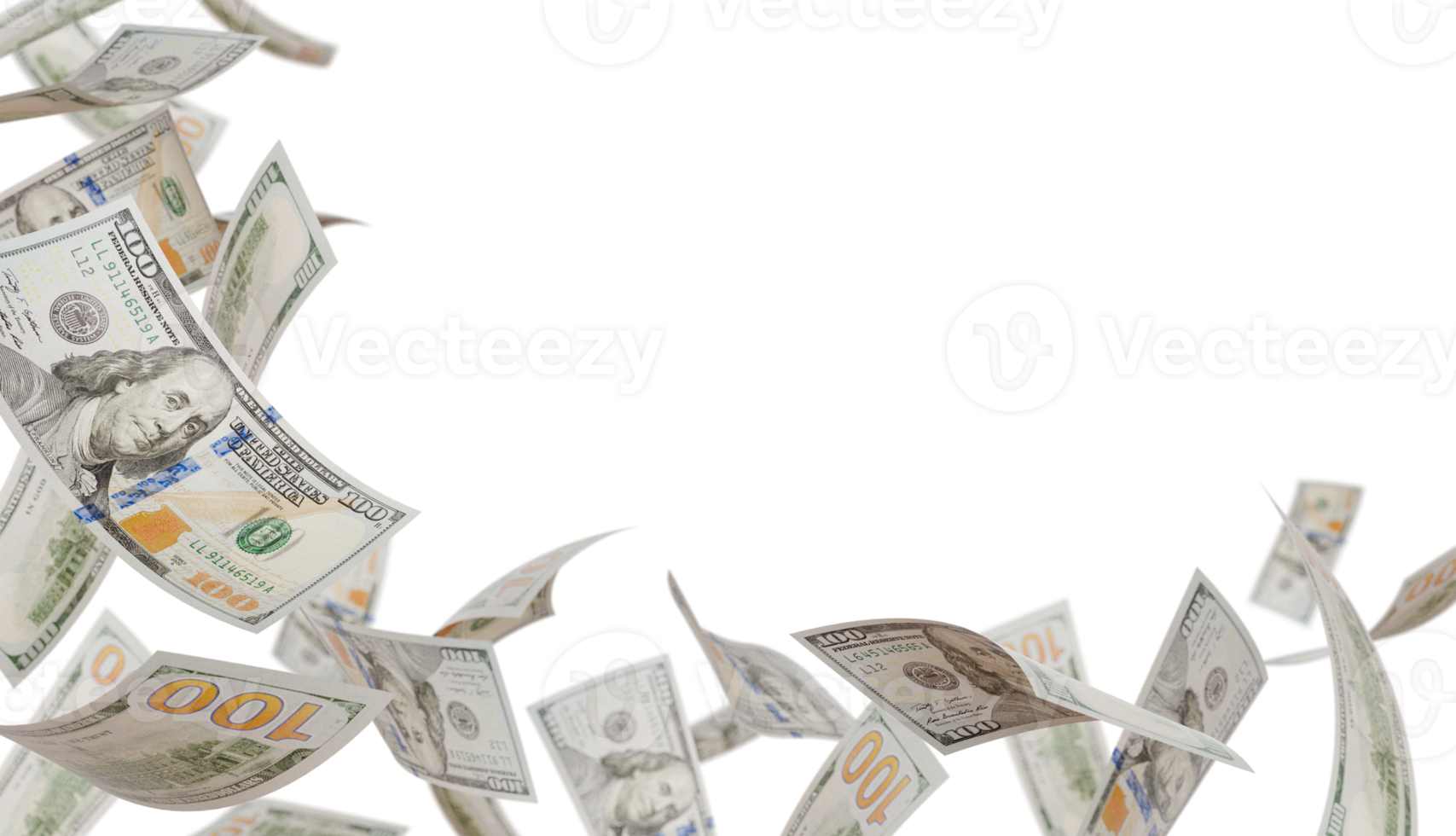 Corner Border of Falling One Hundred Dollar Bills Isolated. Transparent PNG. png