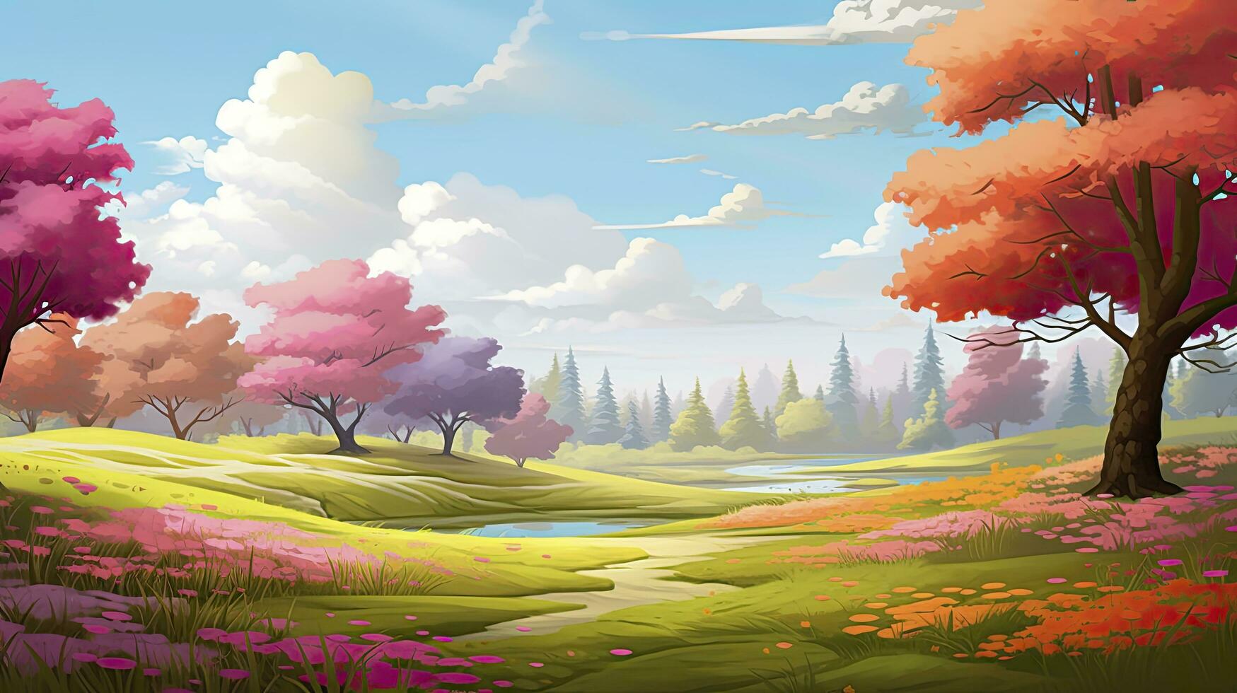 AI generated Spring season with colorful flowers and trees in a pretty meadow or field. AI Generated. photo