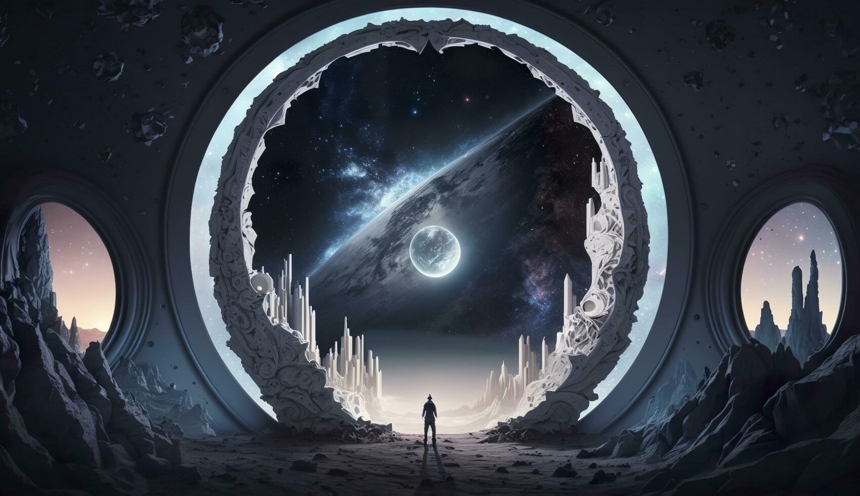 AI generated Portal to another world. Futuristic cosmic landscape with circle tunnel in starry sky. Generative AI photo