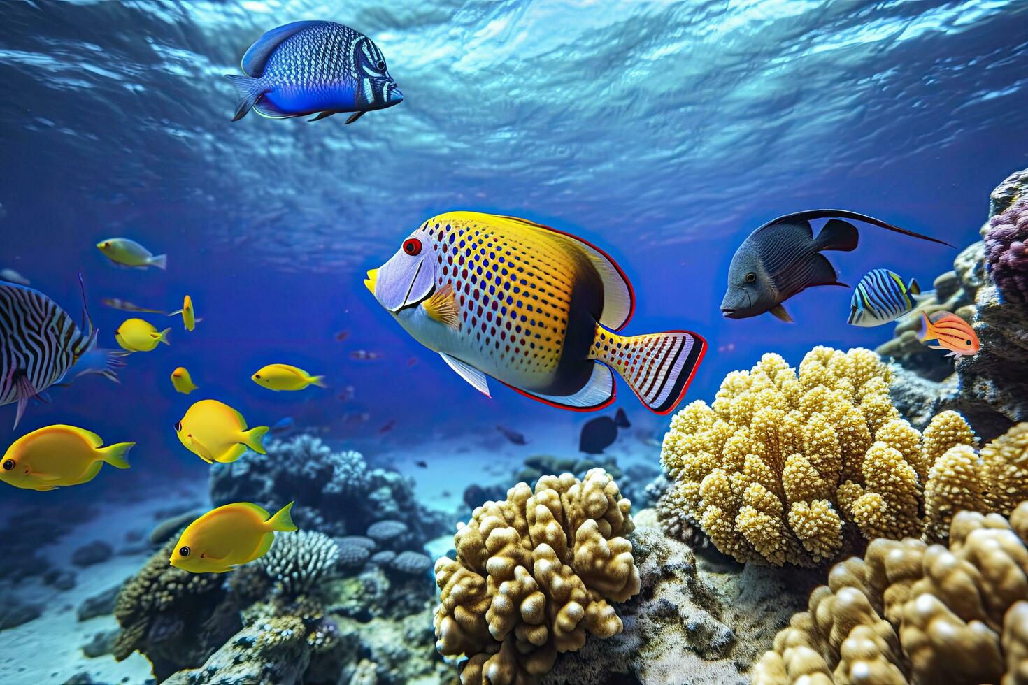 AI generated Underwater world with corals and tropical fish. Generated AI. photo