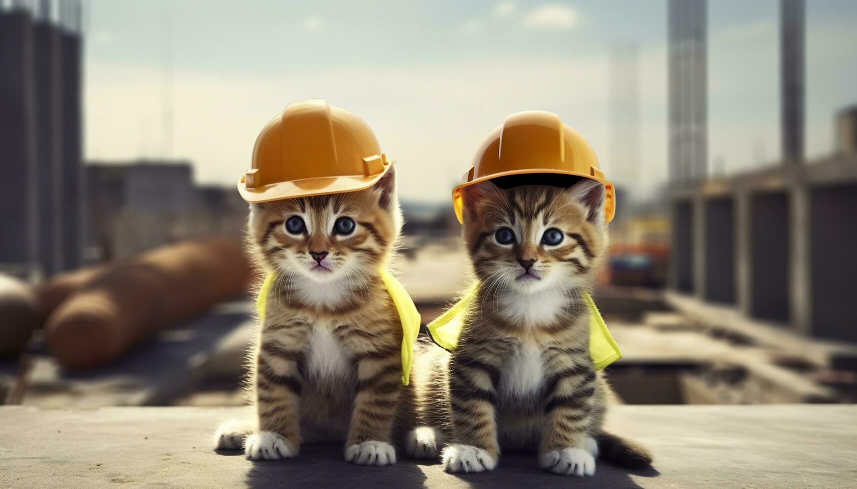 AI generated Two kittens wearing hard hats on a construction site. Generative AI photo