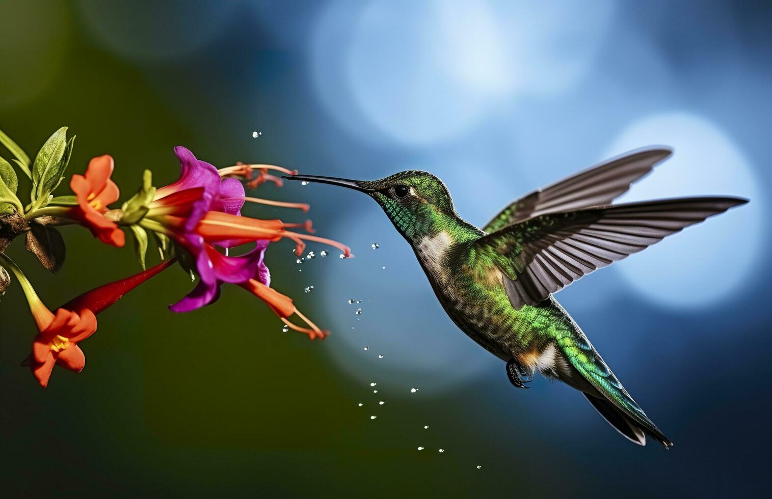 AI generated Hummingbird bird flying next to a beautiful red flower with rain. AI Generated photo