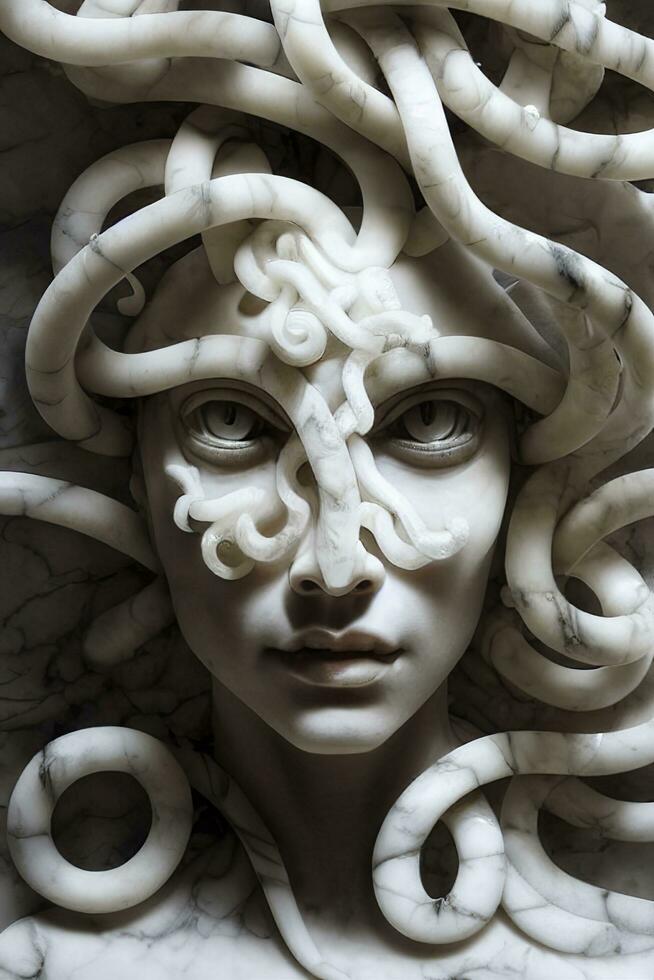 ai generado retrato de cyborg medusa cerca arriba tallado en mármol. ai generado foto