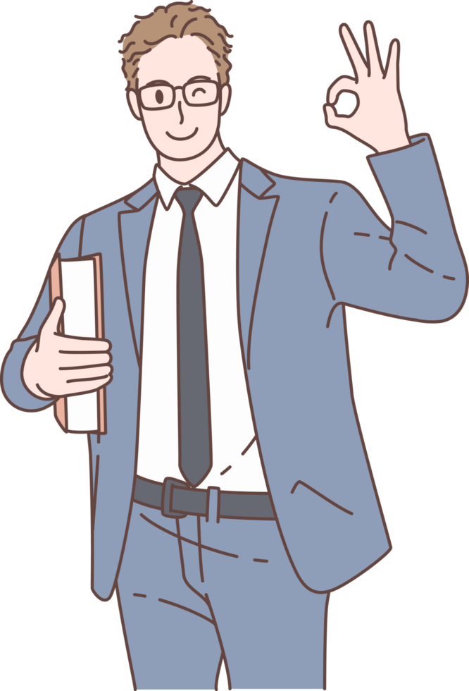 Illustration of businessman holding book and pose OK signs characters. Hand drawn style. png