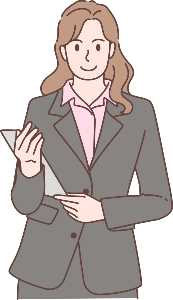 Illustration of businesswomen holding clipboard characters. Hand drawn style. png