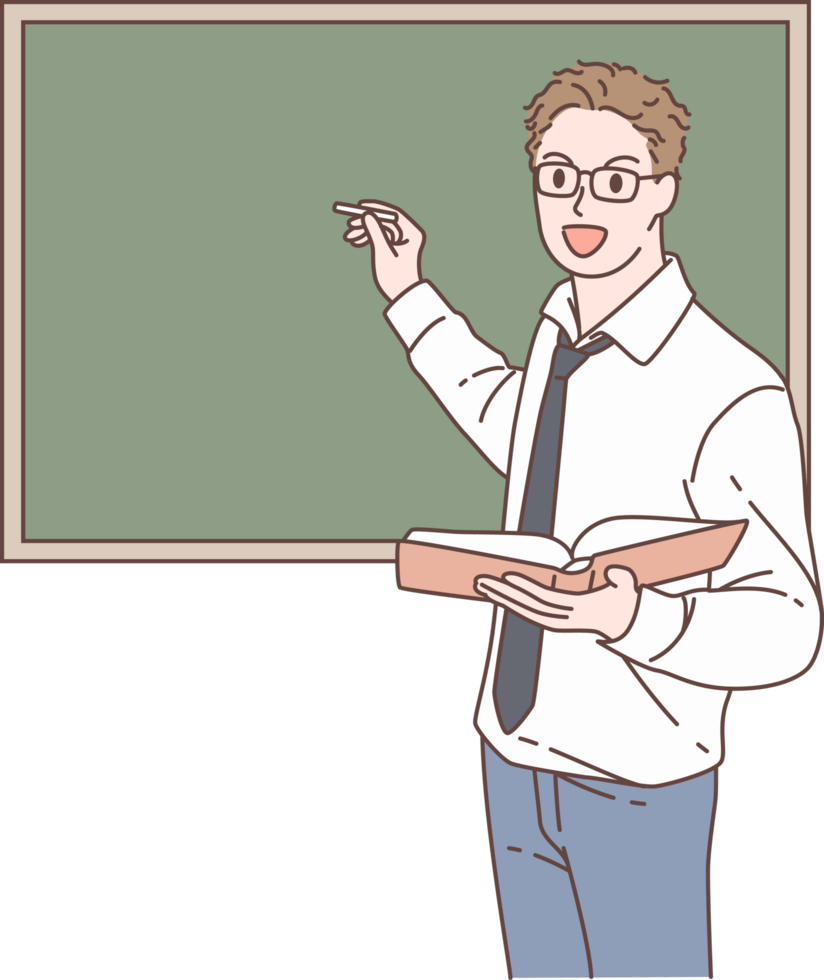 Illustration of businessman writing on blackboard in meeting characters. Hand drawn style. png